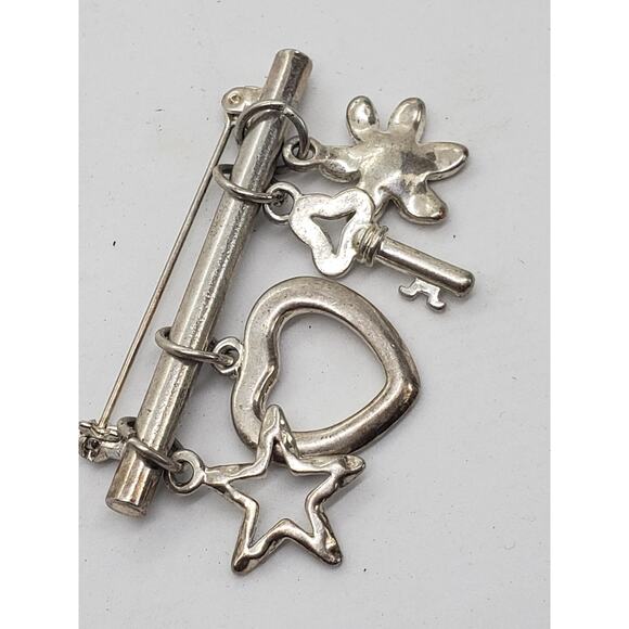 Vtg Silver Tone Charm Brooch Pin Flower Rhinestone Key Heart Star Dangle Costume - Picture 7 of 10
